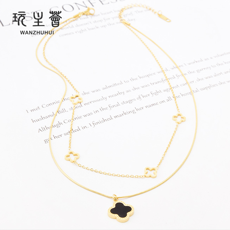  titanium steel women double layered hollow out flower pendant necklace