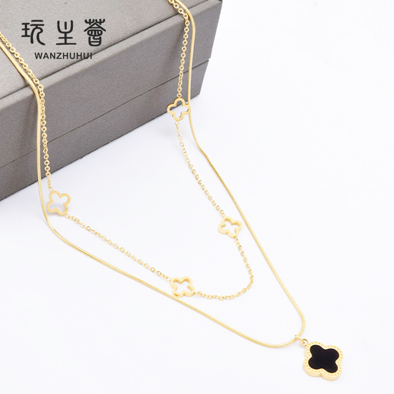  titanium steel women double layered hollow out flower pendant necklace