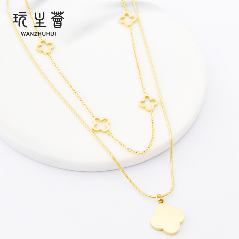  titanium steel women double layered hollow out flower pendant necklace