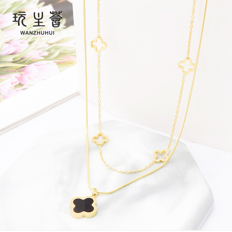  titanium steel women double layered hollow out flower pendant necklace