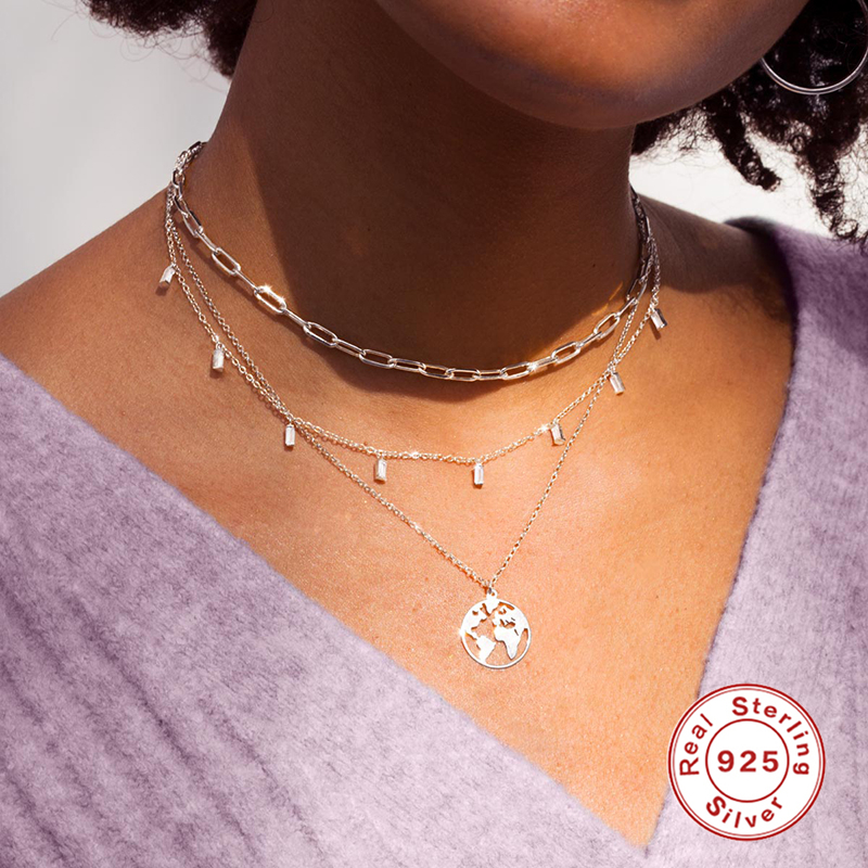 Designer  Name 925 Sterling  Simple and Versatile Square Diamond Women Clavicle Pure Jewelry Silver Necklace