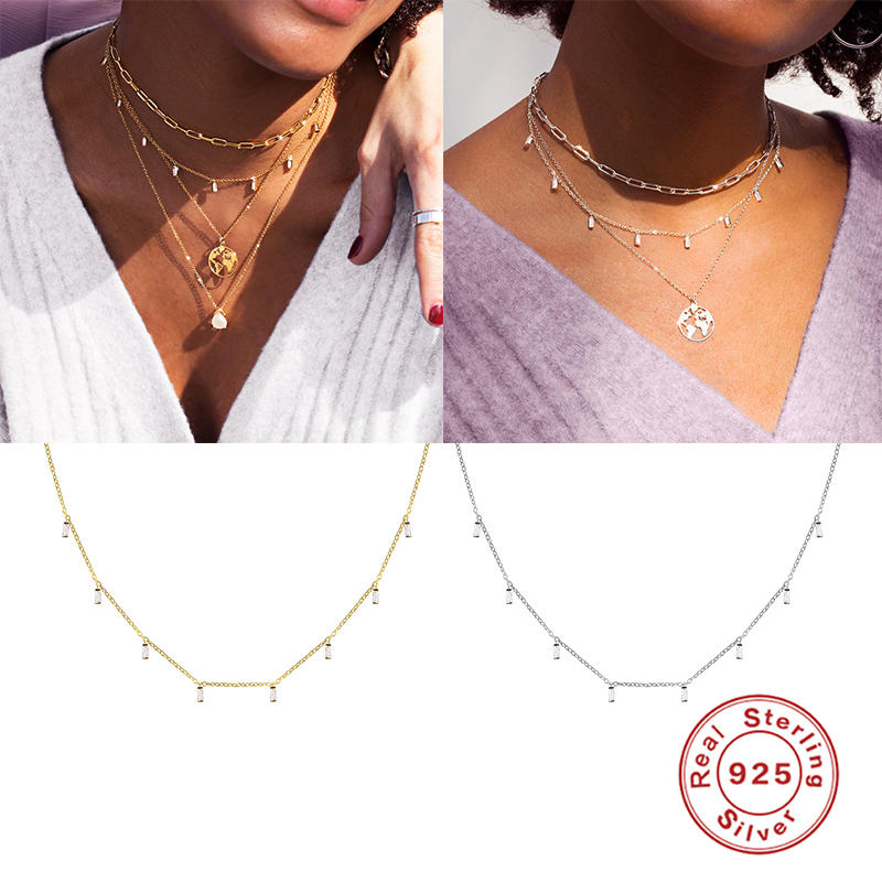 Designer  Name 925 Sterling  Simple and Versatile Square Diamond Women Clavicle Pure Jewelry Silver Necklace