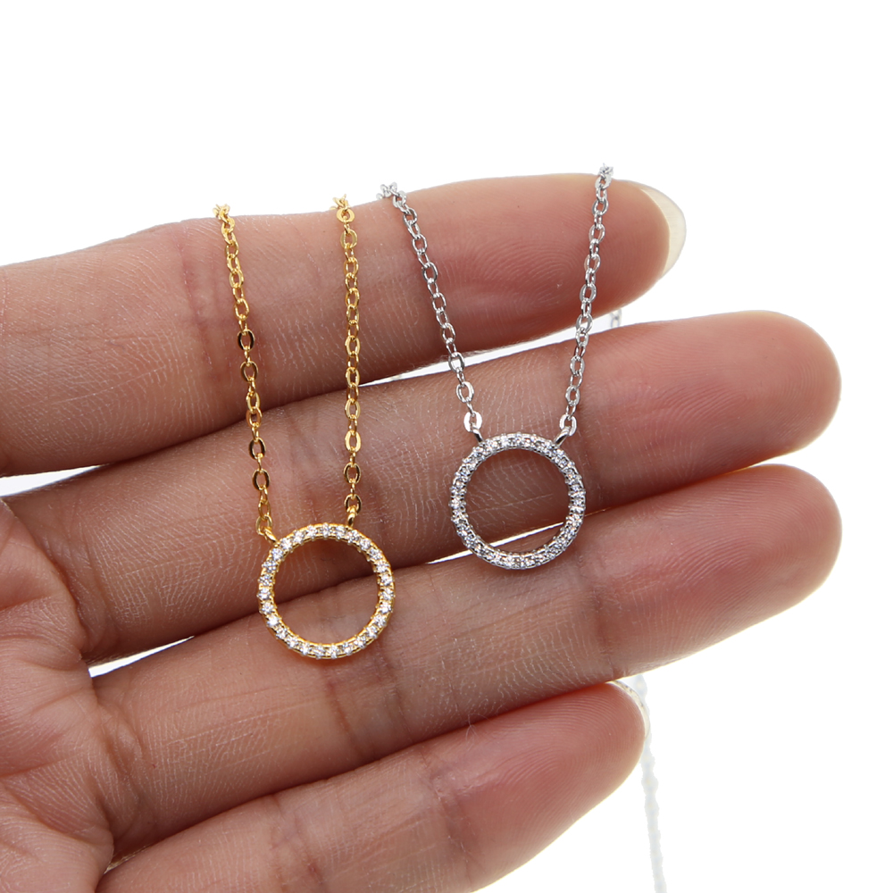 100% 925 sterling silver classic round circle charm pave cz round geometric delicate young girl necklace