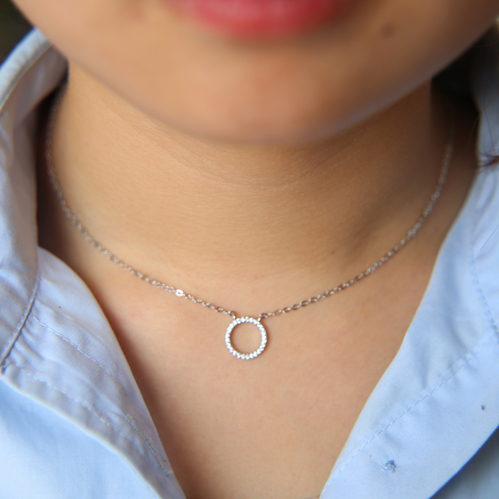 100% 925 sterling silver classic round circle charm pave cz round geometric delicate young girl necklace