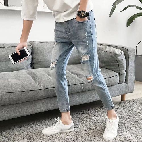 Summer Thin Ripped Cropped Jeans Men's Slim Fit Skinny Pants Korean Style Trendy Casual Pants