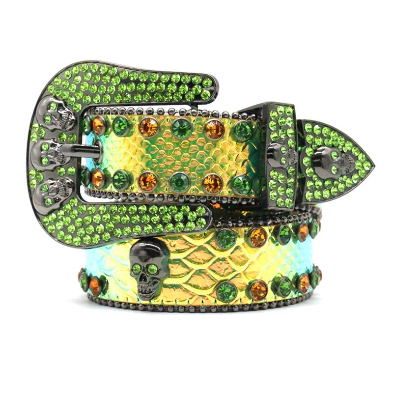 Rhinestone belt studded skull needle buckle snakeskin print handmade street hip-hop personality belt