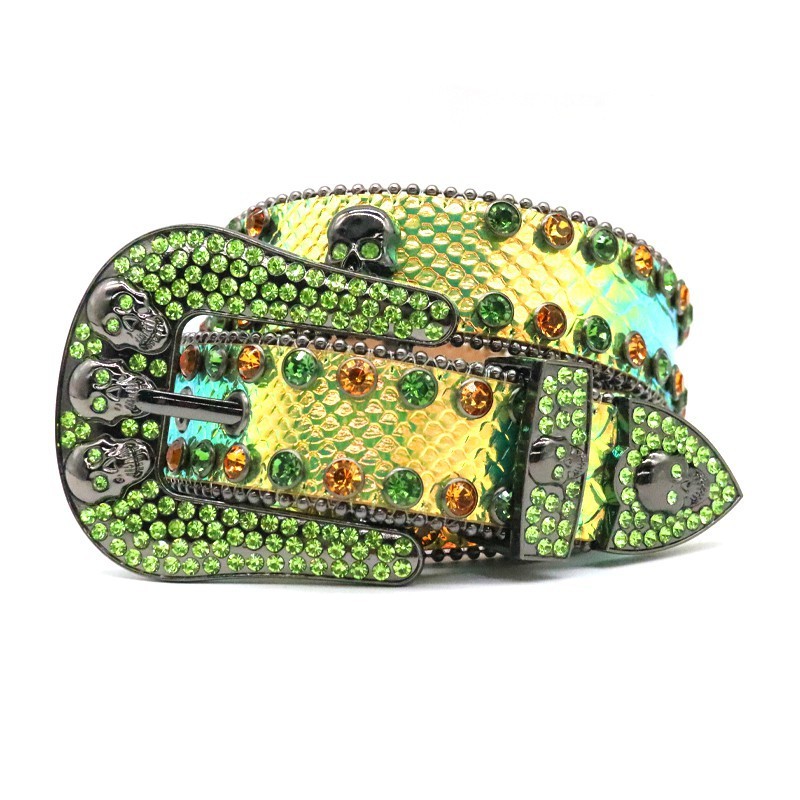Rhinestone belt studded skull needle buckle snakeskin print handmade street hip-hop personality belt