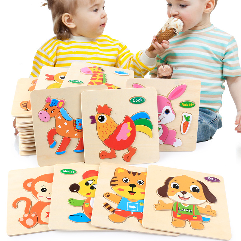 Baby toy wooden 3d jigsaw cartoon animal Puzzle Brain Teaser children's tangram shape 3 random
