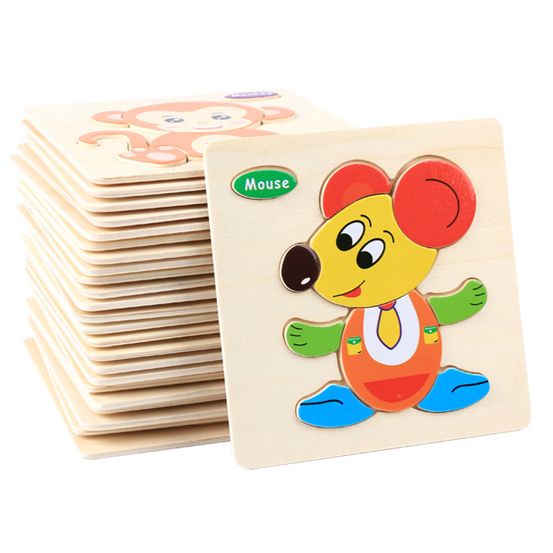 Baby toy wooden 3d jigsaw cartoon animal Puzzle Brain Teaser children's tangram shape 3 random