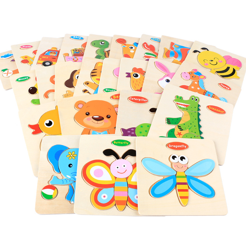 Baby toy wooden 3d jigsaw cartoon animal Puzzle Brain Teaser children's tangram shape 3 random