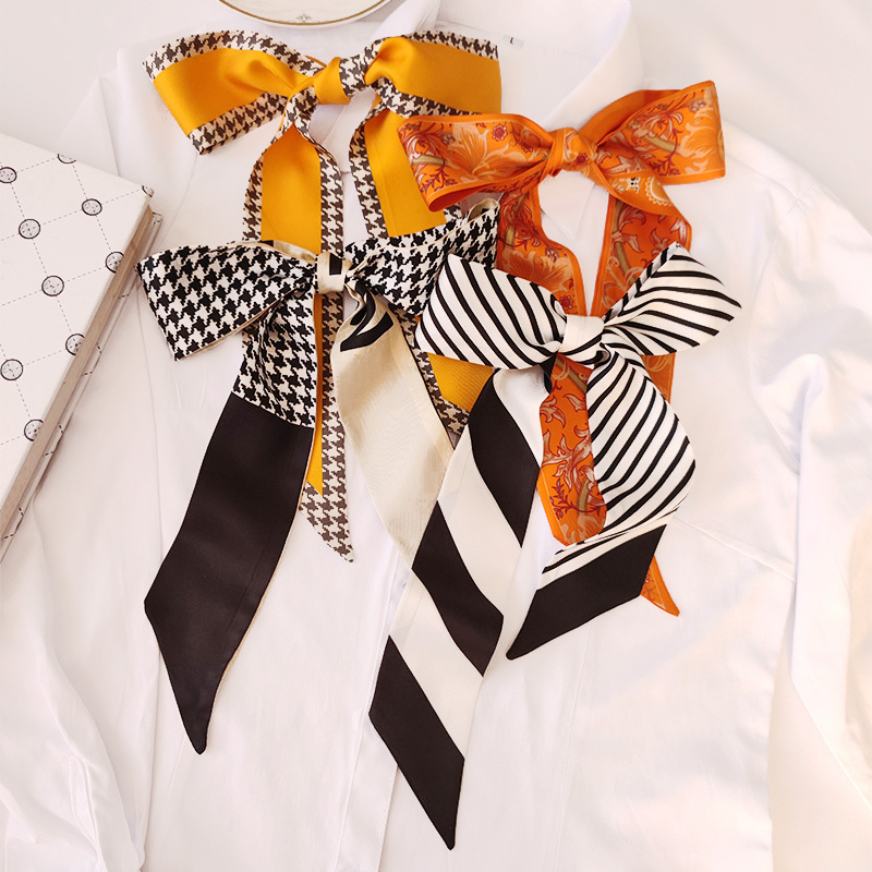 Small Ribbon Twill Silk Scarf Stripe Printing Satin Hair Scadrf for Ladies Silk