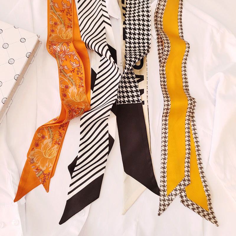 Small Ribbon Twill Silk Scarf Stripe Printing Satin Hair Scadrf for Ladies Silk