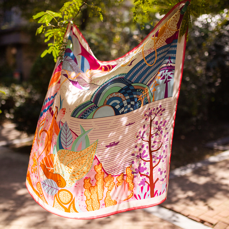 Printed Pure Satin Silk Art Scarf Square Neck Scarves For Lady