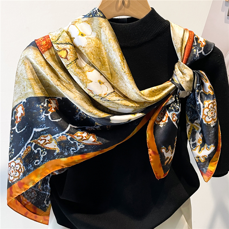 Fashion Scarves Women Shawl Silk Feeling Satin Hijabs Female Foulard Square Muslim Ladies Print Scarf Beach Headscarf
