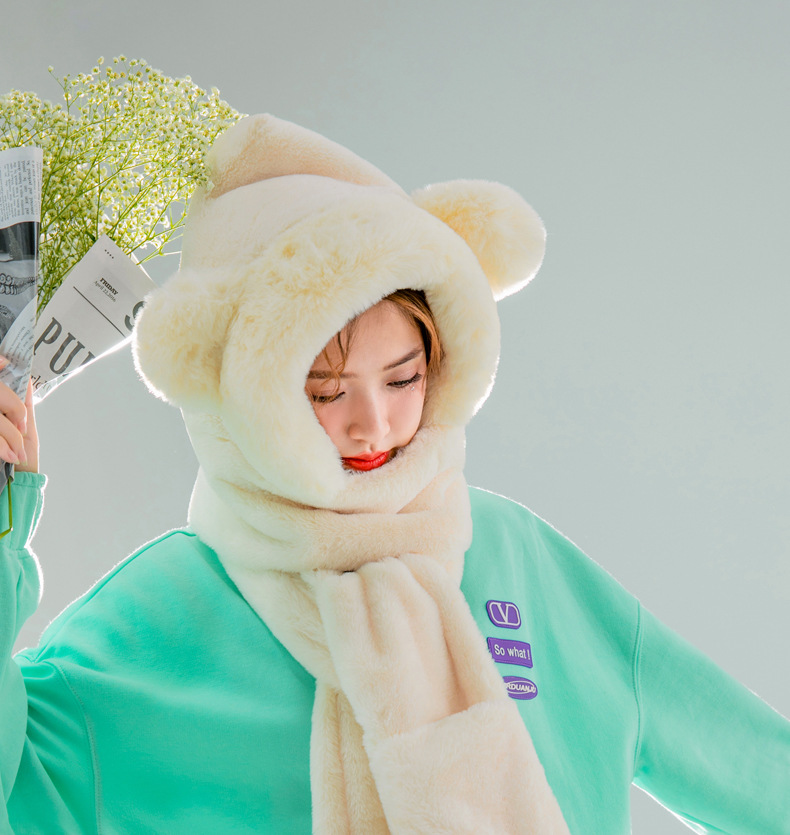 Hot sell Personalized Women Girl Cute Bear Warm Winter Thick Earflap Hood Hat Scarf 3 In All Set