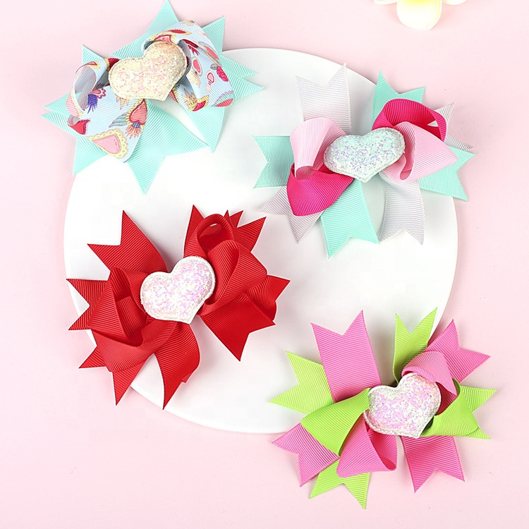 Valentine's Day 4'' Hair Bow With Clip Girls Grosgrain Ribbon HairBows Heart Handmade Hairpin For Kids Hair Accessories