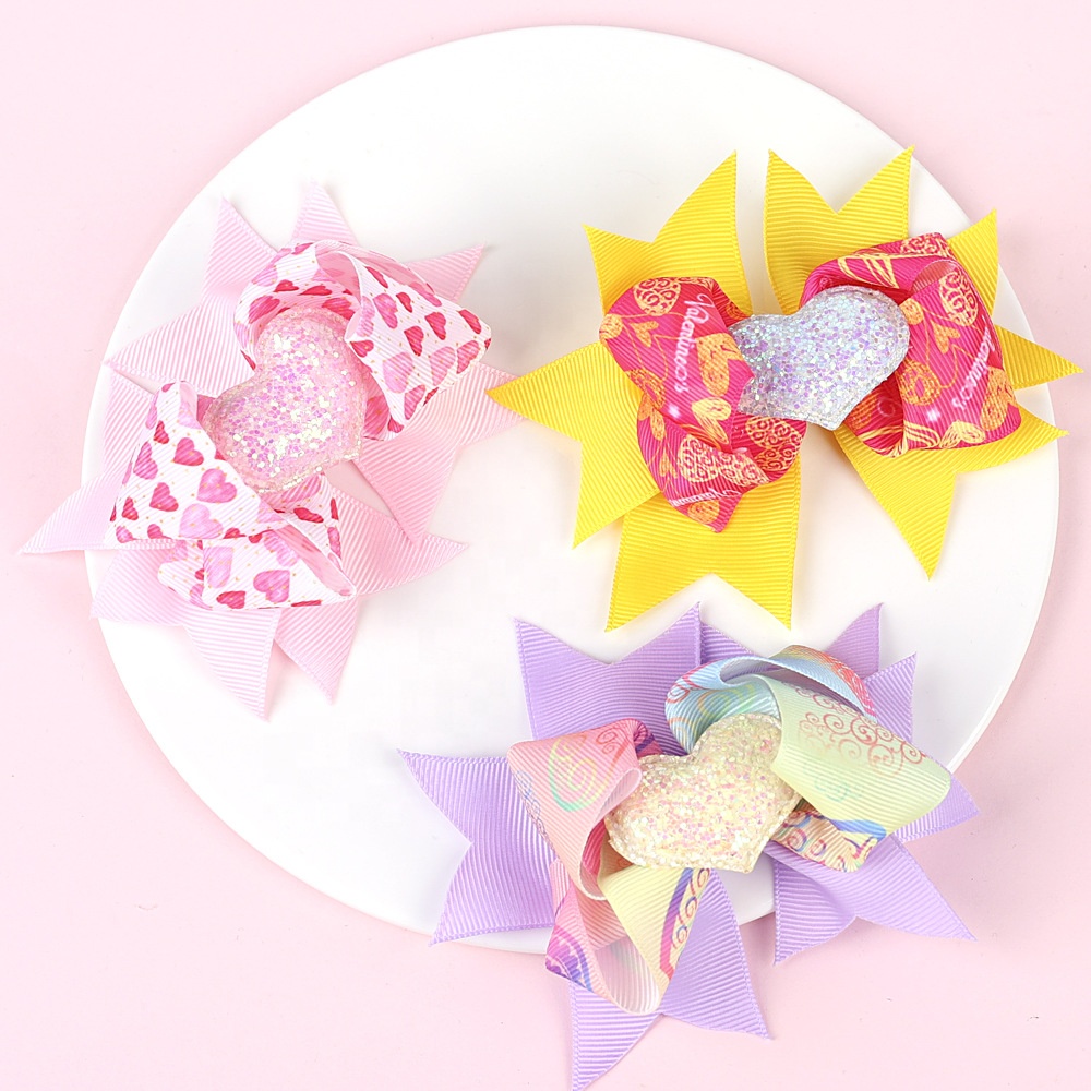 Valentine's Day 4'' Hair Bow With Clip Girls Grosgrain Ribbon HairBows Heart Handmade Hairpin For Kids Hair Accessories