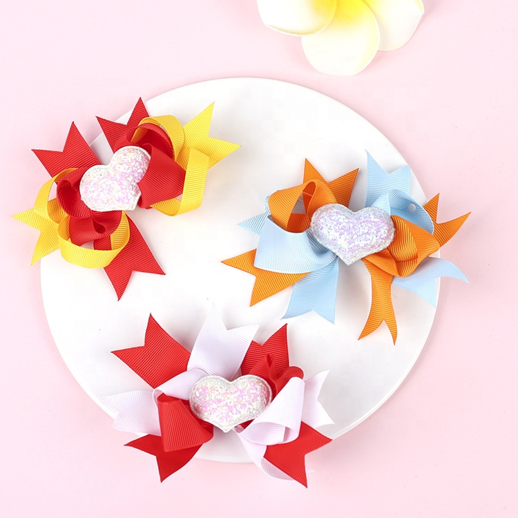 Valentine's Day 4'' Hair Bow With Clip Girls Grosgrain Ribbon HairBows Heart Handmade Hairpin For Kids Hair Accessories