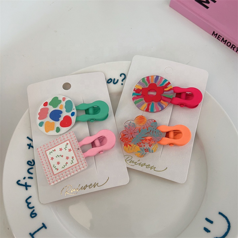 Female children's colorful shell acrylic geometric hand-painted graffiti flower hairpin pair clip