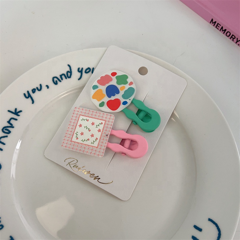 Female children's colorful shell acrylic geometric hand-painted graffiti flower hairpin pair clip