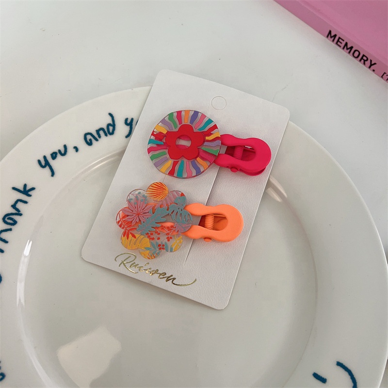 Female children's colorful shell acrylic geometric hand-painted graffiti flower hairpin pair clip