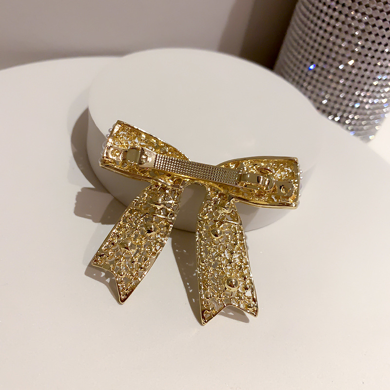 Temperament Women's High Quality Diamond-studded Pearl Bow Spring Clip Hairpin
