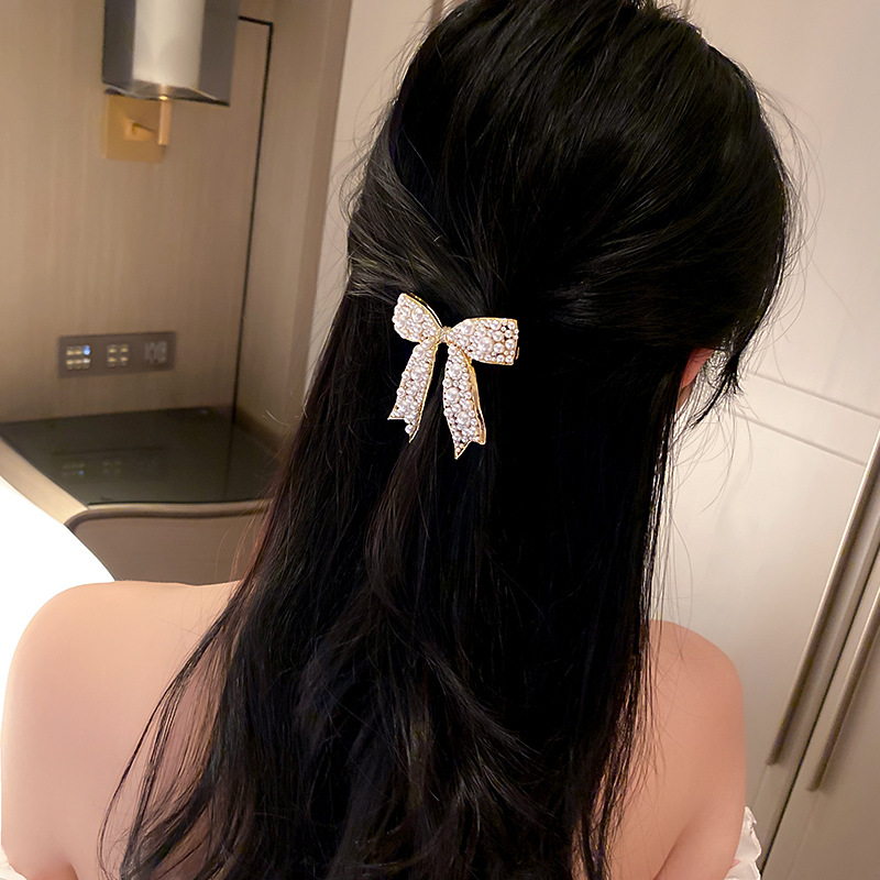 Temperament Women's High Quality Diamond-studded Pearl Bow Spring Clip Hairpin