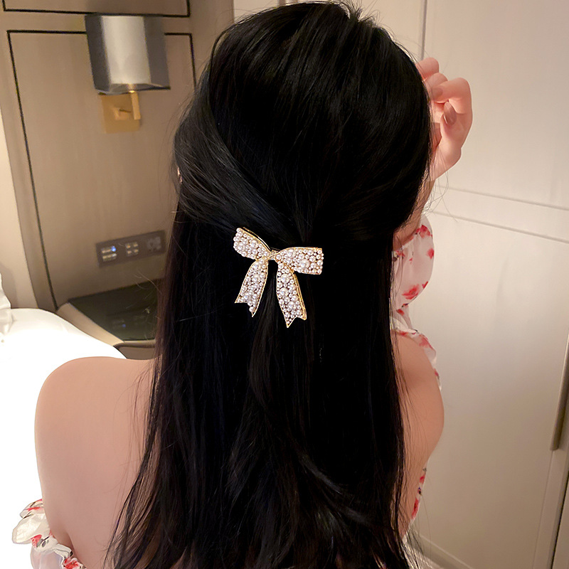 Temperament Women's High Quality Diamond-studded Pearl Bow Spring Clip Hairpin