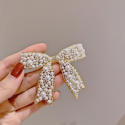 Temperament Women's High Quality Diamond-studded Pearl Bow Spring Clip Hairpin