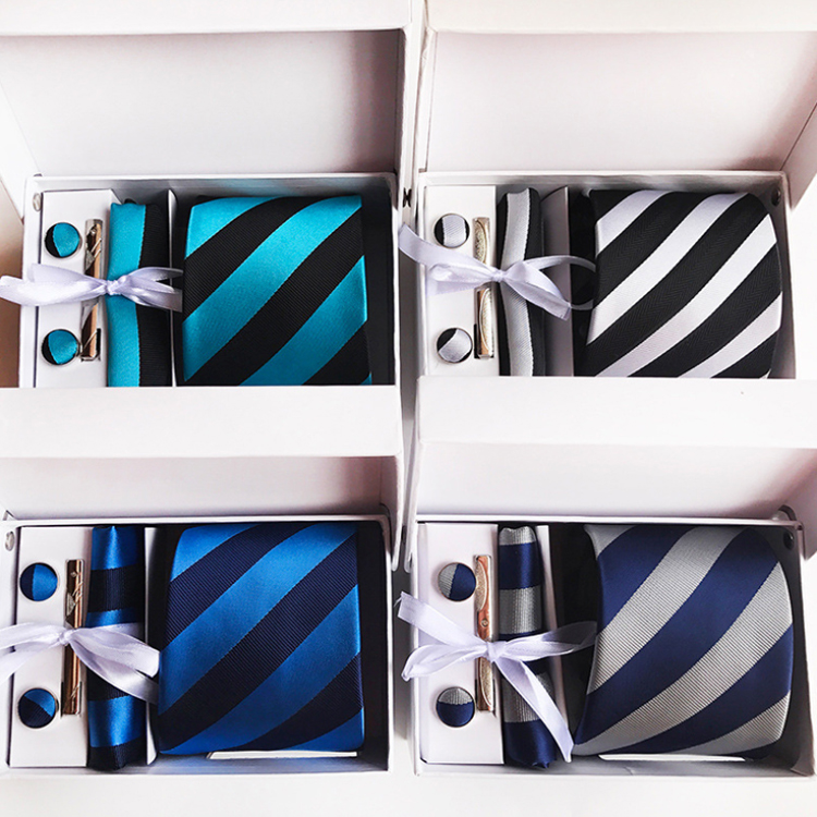 Stripe Neckties with Pocket Squares Casual Men Ties and Hanky Set Tie Clip Pocket Square and Cufflink Set Gift Box