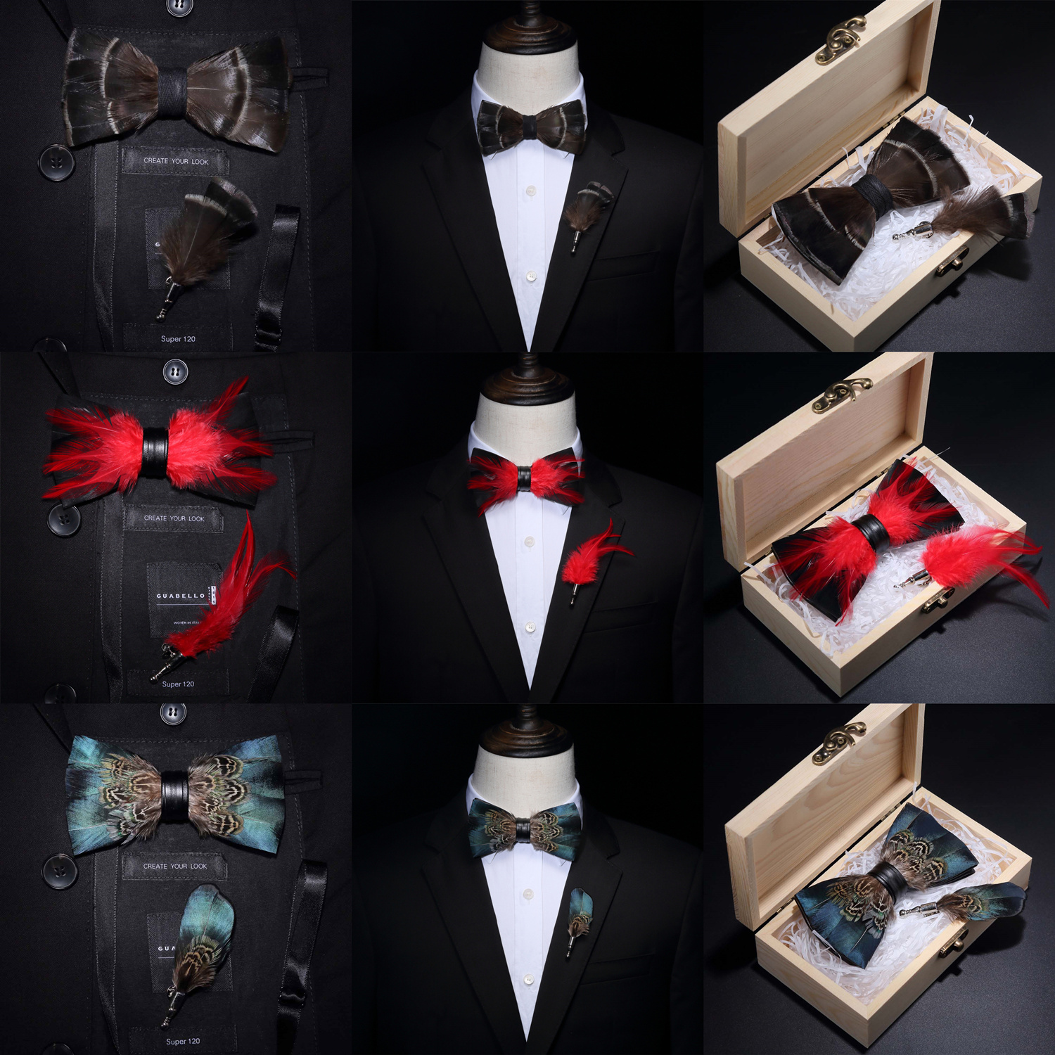 Original USA Design Hand Made Natural Brid Feather Exquisite Bow Tie Brooch Pin Set