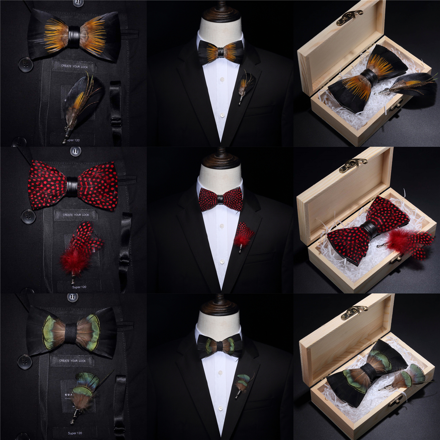 Original USA Design Hand Made Natural Brid Feather Exquisite Bow Tie Brooch Pin Set
