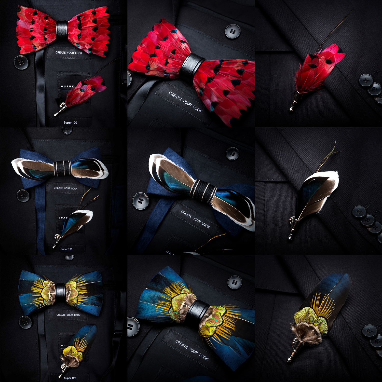 Original USA Design Hand Made Natural Brid Feather Exquisite Bow Tie Brooch Pin Set