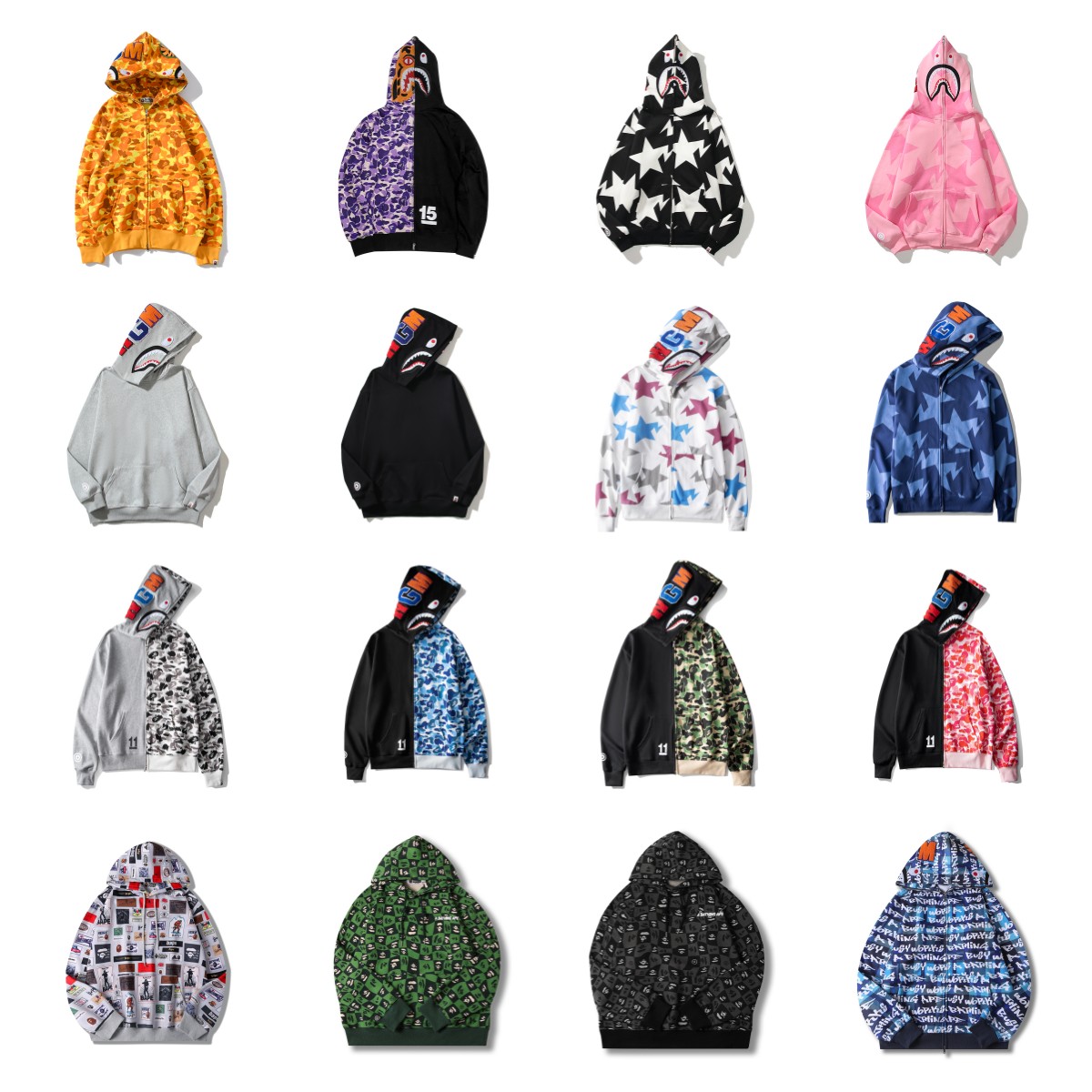 Original edition bathing ape shark camo zip up streetwear outfit hip hop Sweatshirt men women unisex bapes hoodie