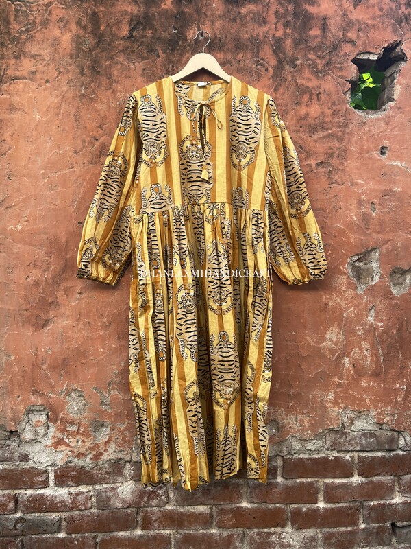 New Women's Handmade Summer Dress Tiger Block Print Long Dress Boho Hippie Style Dress Midi Wrap Dressing Gown