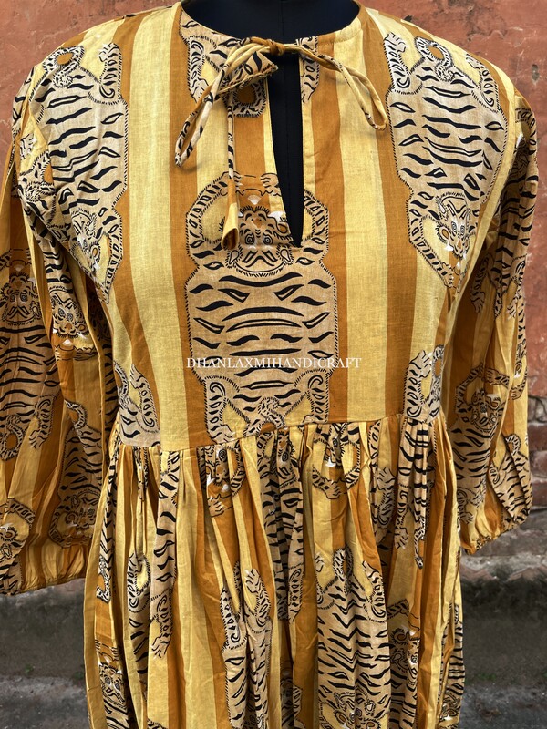 New Women's Handmade Summer Dress Tiger Block Print Long Dress Boho Hippie Style Dress Midi Wrap Dressing Gown