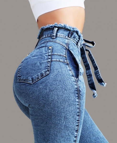 Pants women jeans slim stretch denim fringed waistband high-waisted jeans ropa de mujer