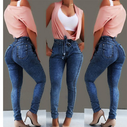 Pants women jeans slim stretch denim fringed waistband high-waisted jeans ropa de mujer