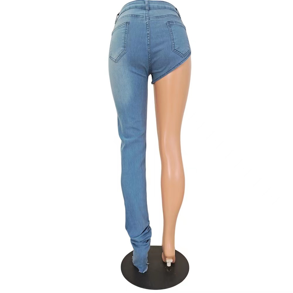 Personality street style high waist skinny denim jeans pants women's stacked one leg out jeans