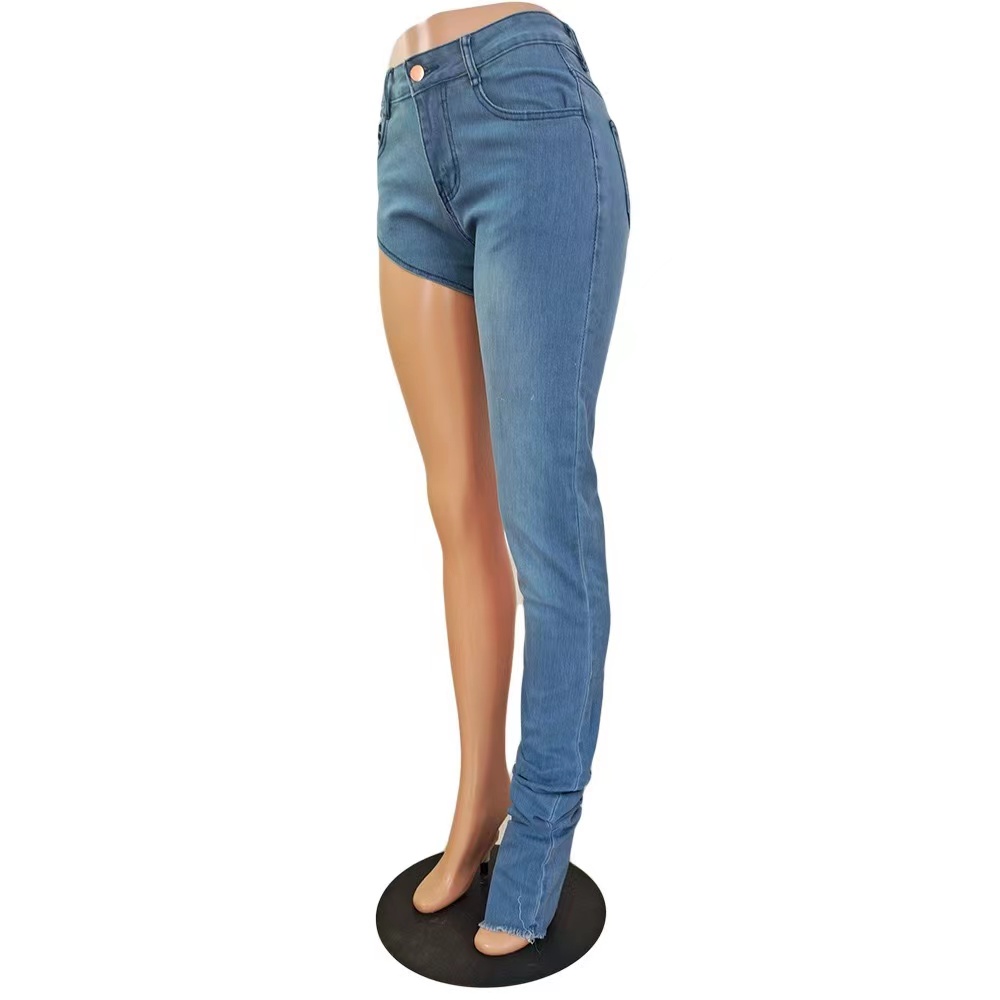 Personality street style high waist skinny denim jeans pants women's stacked one leg out jeans