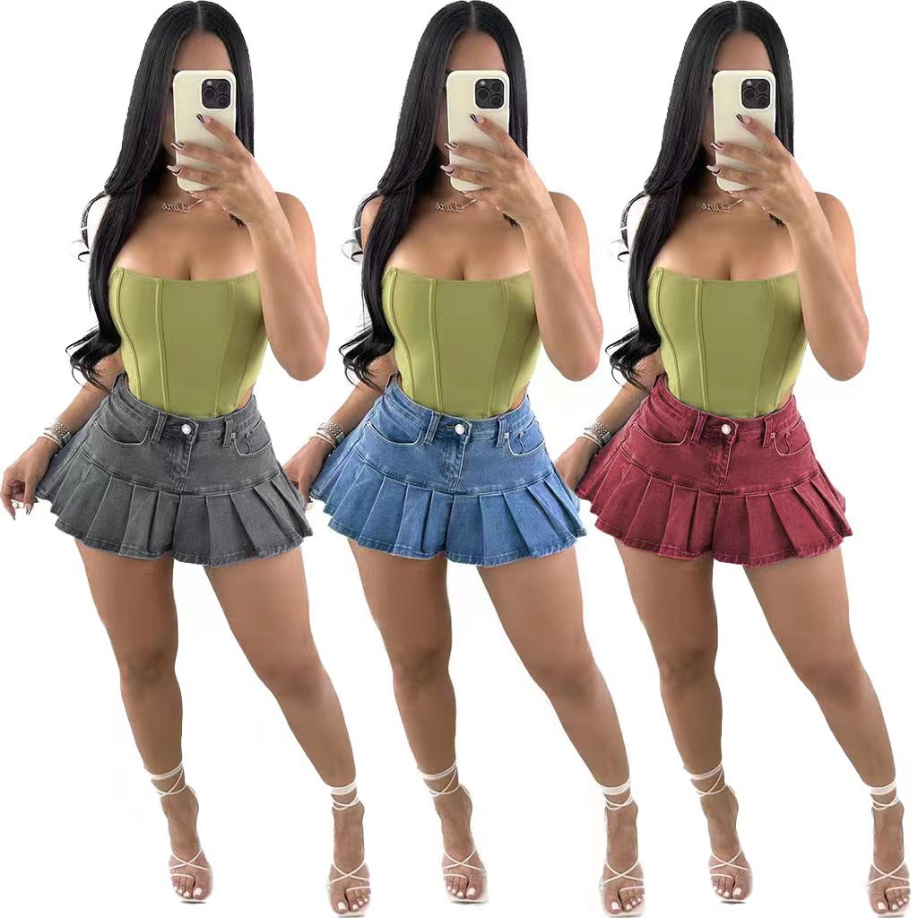2023 Summer Fashion Short Jean Skirts For Women Sexy Mini Pleated Denim Skirts