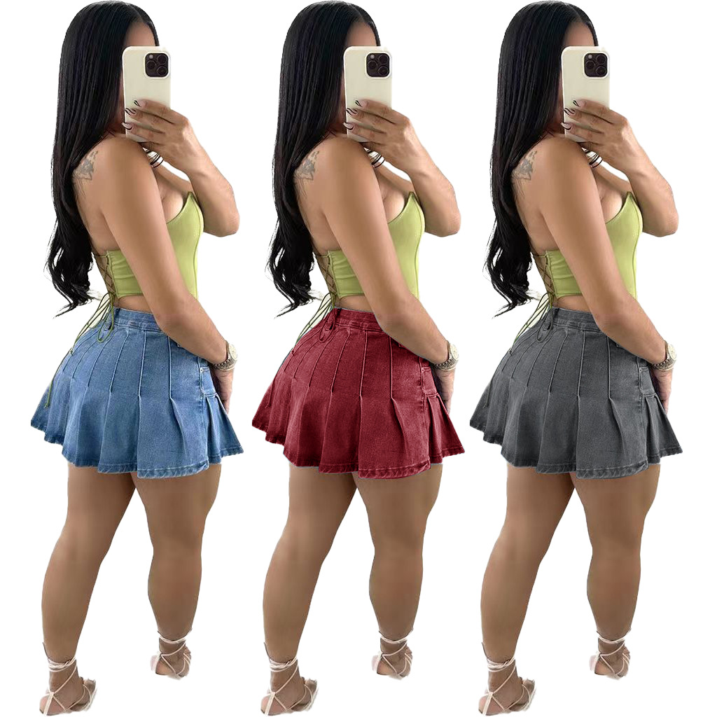 2023 Summer Fashion Short Jean Skirts For Women Sexy Mini Pleated Denim Skirts
