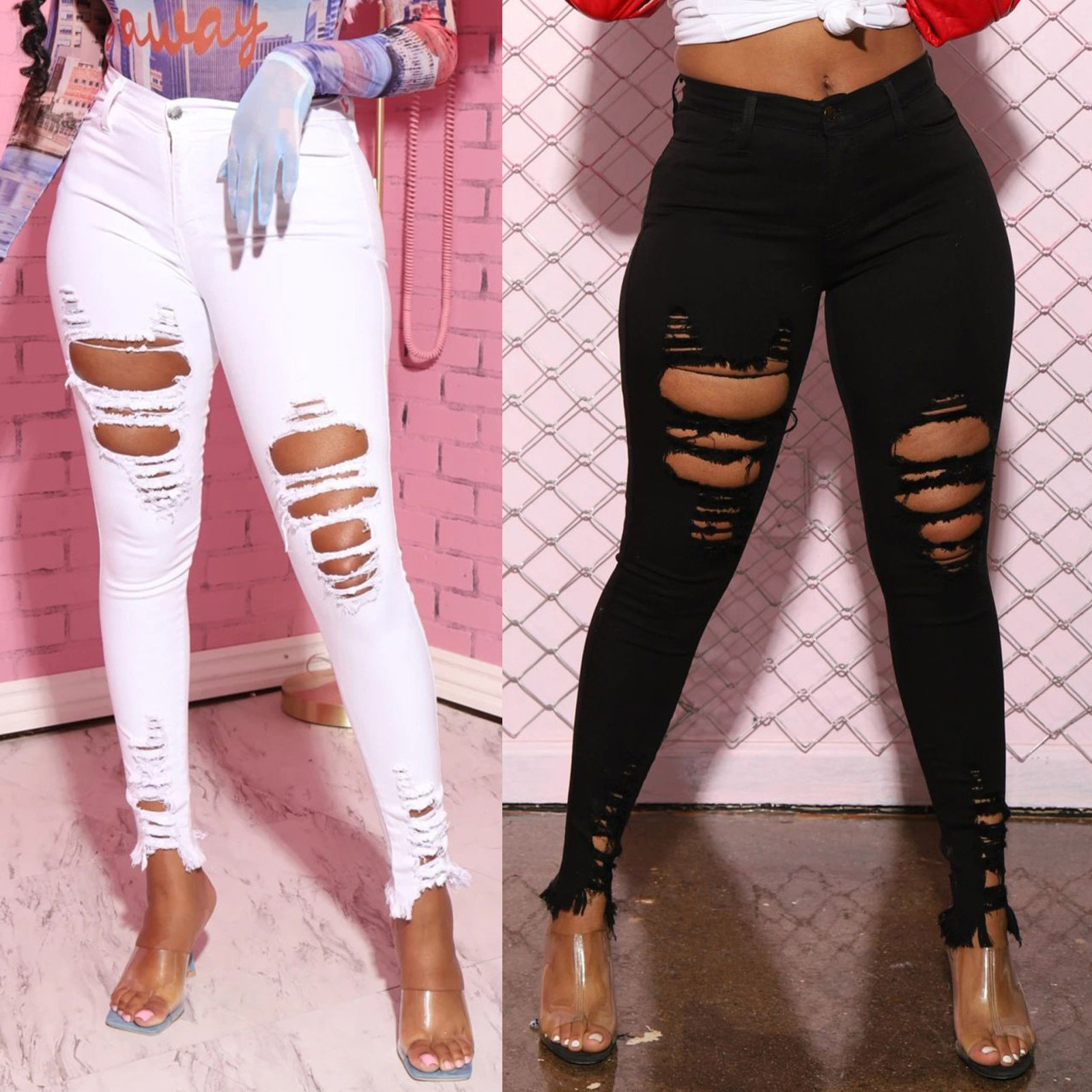 Street Wear Fashion Ripped Women Denim Jeans Slim Fit Design High Stretch Ladies Denim Pants Skinny Jeans For Women