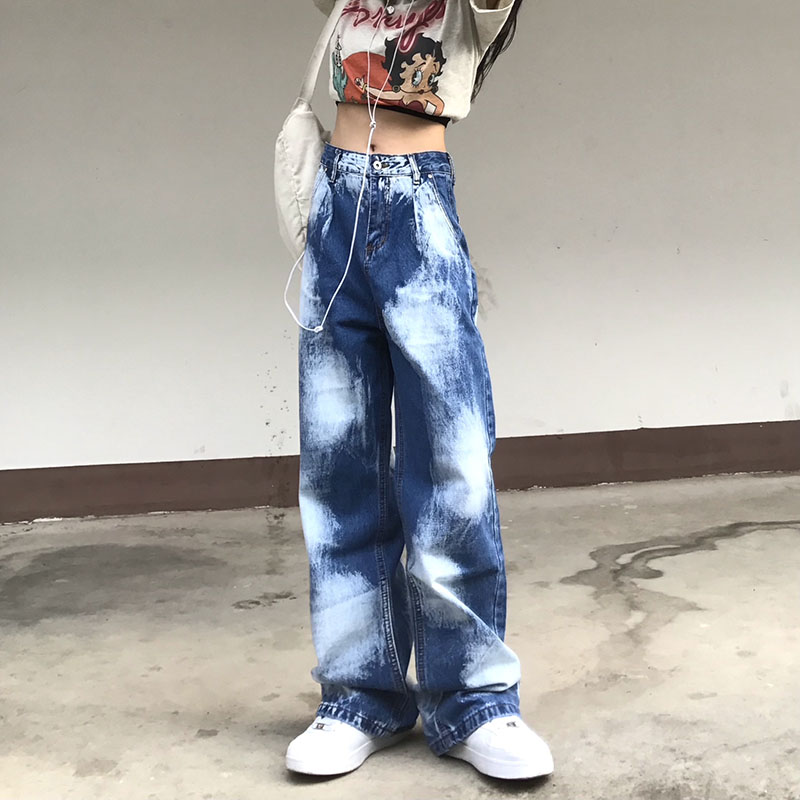Spring And Autumn High Waist Loose Street Straight Tie Dye Jeans Women Show Thin Wide Leg Trousers