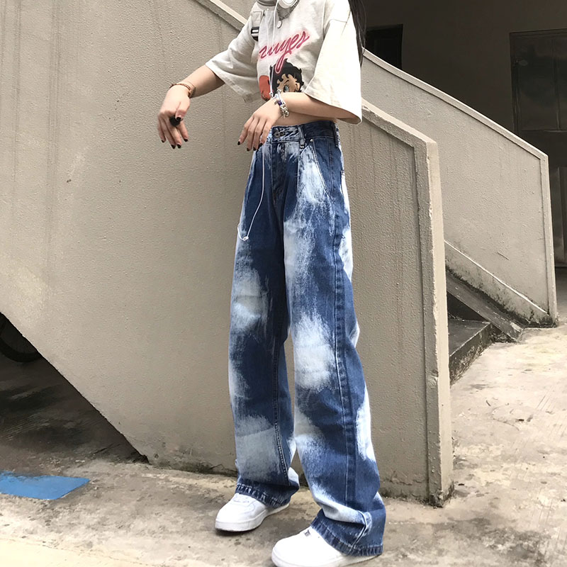 Spring And Autumn High Waist Loose Street Straight Tie Dye Jeans Women Show Thin Wide Leg Trousers