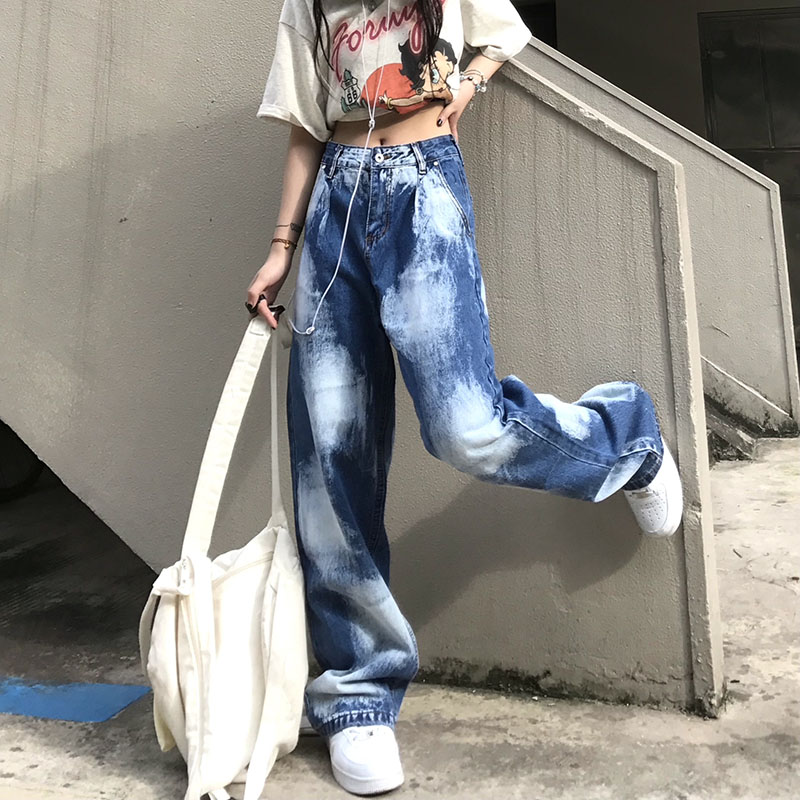 Spring And Autumn High Waist Loose Street Straight Tie Dye Jeans Women Show Thin Wide Leg Trousers