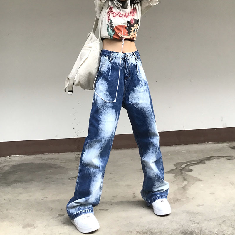 Spring And Autumn High Waist Loose Street Straight Tie Dye Jeans Women Show Thin Wide Leg Trousers