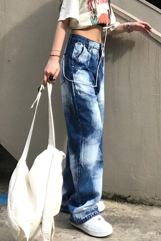 Spring And Autumn High Waist Loose Street Straight Tie Dye Jeans Women Show Thin Wide Leg Trousers