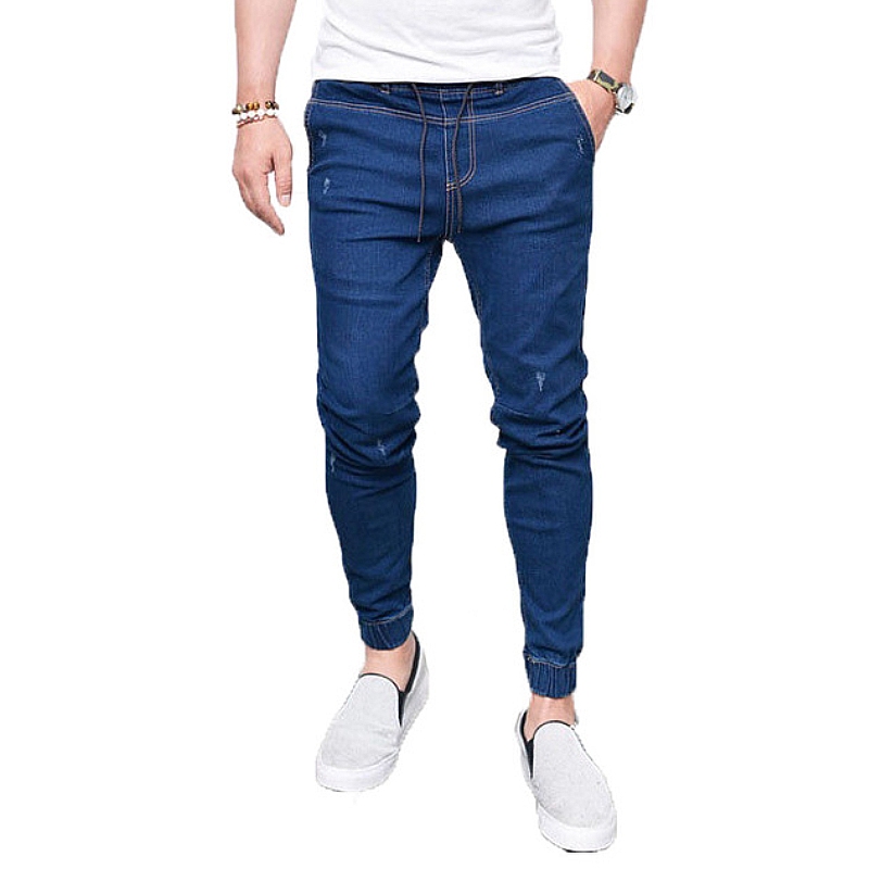 S-4XL Men Denim solid color outdoor jeans slim pencil long pants men's elastic waist pockets trousers casual jeans