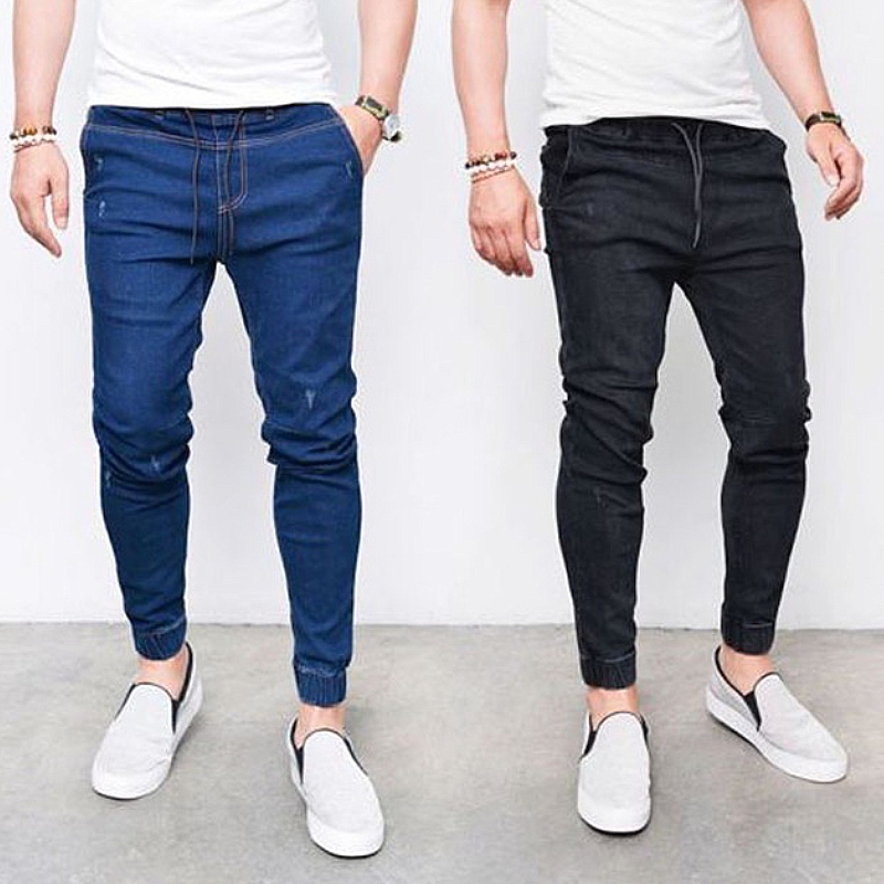 S-4XL Men Denim solid color outdoor jeans slim pencil long pants men's elastic waist pockets trousers casual jeans